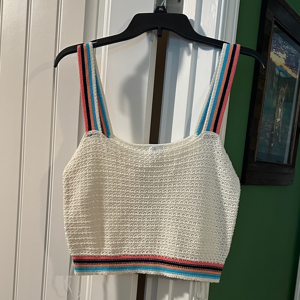 Stylish Cream Knit Tank Top with Multicolor Straps